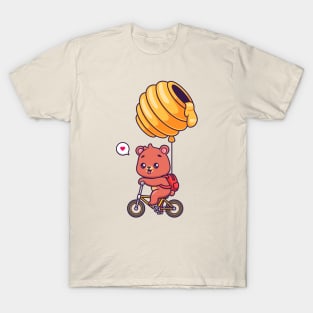 Cute Bear Riding Bicycle With Honeycomb Balloon Cartoon T-Shirt